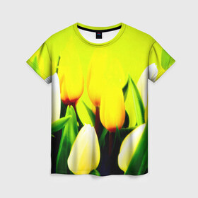Женская футболка 3D с принтом Тюльпаны в Петрозаводске, 100% полиэфир ( синтетическое хлопкоподобное полотно) | прямой крой, круглый вырез горловины, длина до линии бедер | желтый | цветы