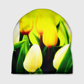 Шапка 3D с принтом Тюльпаны в Петрозаводске, 100% полиэстер | универсальный размер, печать по всей поверхности изделия | Тематика изображения на принте: желтый | цветы