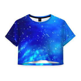 Женская футболка 3D укороченная с принтом Капли в Петрозаводске, 100% полиэстер | круглая горловина, длина футболки до линии талии, рукава с отворотами | капли | пузырьки | синий
