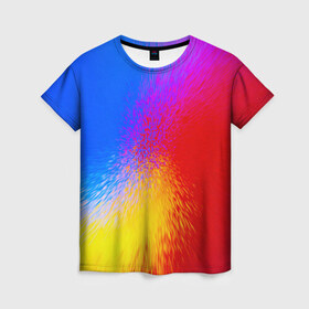 Женская футболка 3D с принтом Взрыв красок в Петрозаводске, 100% полиэфир ( синтетическое хлопкоподобное полотно) | прямой крой, круглый вырез горловины, длина до линии бедер | брызги | желтый | красный | синий