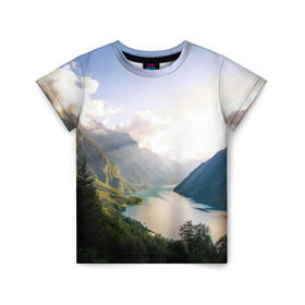 Детская футболка 3D с принтом Горное озеро в Петрозаводске, 100% гипоаллергенный полиэфир | прямой крой, круглый вырез горловины, длина до линии бедер, чуть спущенное плечо, ткань немного тянется | Тематика изображения на принте: горы | лес | небо | озеро