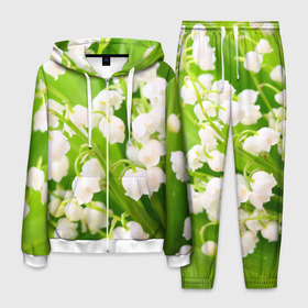 Мужской костюм 3D с принтом Ландыши в Петрозаводске, 100% полиэстер | Манжеты и пояс оформлены тканевой резинкой, двухслойный капюшон со шнурком для регулировки, карманы спереди | весна | ландыш | цветок