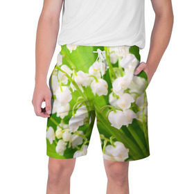 Мужские шорты 3D с принтом Ландыши в Петрозаводске,  полиэстер 100% | прямой крой, два кармана без застежек по бокам. Мягкая трикотажная резинка на поясе, внутри которой широкие завязки. Длина чуть выше колен | весна | ландыш | цветок