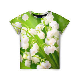 Детская футболка 3D с принтом Ландыши в Петрозаводске, 100% гипоаллергенный полиэфир | прямой крой, круглый вырез горловины, длина до линии бедер, чуть спущенное плечо, ткань немного тянется | Тематика изображения на принте: весна | ландыш | цветок