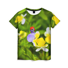 Женская футболка 3D с принтом Природа в Петрозаводске, 100% полиэфир ( синтетическое хлопкоподобное полотно) | прямой крой, круглый вырез горловины, длина до линии бедер | божья коровка | красота | природа | цветок