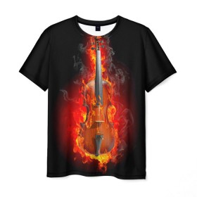 Мужская футболка 3D с принтом Скрипка в Петрозаводске, 100% полиэфир | прямой крой, круглый вырез горловины, длина до линии бедер | креатив | музыка | огонь | пламя | скрипка | черная