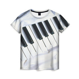 Женская футболка 3D с принтом Клавиши в Петрозаводске, 100% полиэфир ( синтетическое хлопкоподобное полотно) | прямой крой, круглый вырез горловины, длина до линии бедер | белая | клавиши | музыка | пианино | черная
