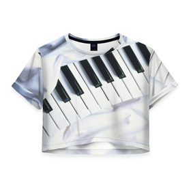 Женская футболка 3D укороченная с принтом Клавиши в Петрозаводске, 100% полиэстер | круглая горловина, длина футболки до линии талии, рукава с отворотами | белая | клавиши | музыка | пианино | черная