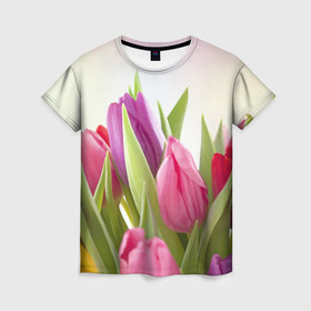 Женская футболка 3D с принтом Тюльпаны в Петрозаводске, 100% полиэфир ( синтетическое хлопкоподобное полотно) | прямой крой, круглый вырез горловины, длина до линии бедер | 8 марта | аромат | букет | вазон | великолепие | дача | девушки | женщины | краски | красота | куст | лужайка | милые цветы | огород | палитра | прелесть | радуга | растение | тюльпаны