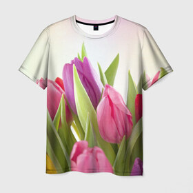 Мужская футболка 3D с принтом Тюльпаны в Петрозаводске, 100% полиэфир | прямой крой, круглый вырез горловины, длина до линии бедер | 8 марта | аромат | букет | вазон | великолепие | дача | девушки | женщины | краски | красота | куст | лужайка | милые цветы | огород | палитра | прелесть | радуга | растение | тюльпаны