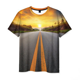 Мужская футболка 3D с принтом Дорога в закат в Петрозаводске, 100% полиэфир | прямой крой, круглый вырез горловины, длина до линии бедер | автобус | автостоп | будущее | движение | дорога | закат | заря | маршрут | машина | мотоцикл | небо | приключения | природа | путь | рассвет | солнце | трасса | шоссе