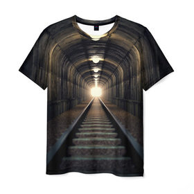 Мужская футболка 3D с принтом Бескрайний тоннель в Петрозаводске, 100% полиэфир | прямой крой, круглый вырез горловины, длина до линии бедер | Тематика изображения на принте: железная дорога | иллюзия | коридор | свет в конце тоннеля | тоннель