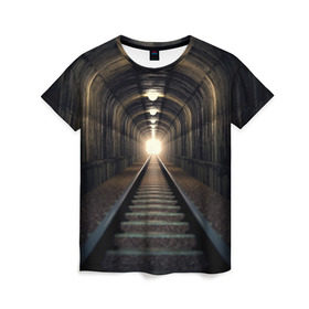 Женская футболка 3D с принтом Бескрайний тоннель в Петрозаводске, 100% полиэфир ( синтетическое хлопкоподобное полотно) | прямой крой, круглый вырез горловины, длина до линии бедер | железная дорога | иллюзия | коридор | свет в конце тоннеля | тоннель