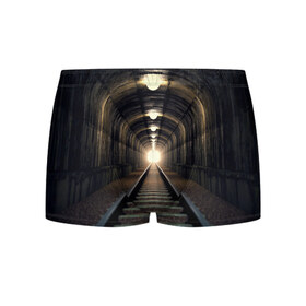 Мужские трусы 3D с принтом Бескрайний тоннель в Петрозаводске, 50% хлопок, 50% полиэстер | классическая посадка, на поясе мягкая тканевая резинка | железная дорога | иллюзия | коридор | свет в конце тоннеля | тоннель