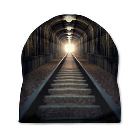 Шапка 3D с принтом Бескрайний тоннель в Петрозаводске, 100% полиэстер | универсальный размер, печать по всей поверхности изделия | железная дорога | иллюзия | коридор | свет в конце тоннеля | тоннель