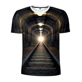 Мужская футболка 3D спортивная с принтом Бескрайний тоннель в Петрозаводске, 100% полиэстер с улучшенными характеристиками | приталенный силуэт, круглая горловина, широкие плечи, сужается к линии бедра | железная дорога | иллюзия | коридор | свет в конце тоннеля | тоннель