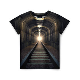 Детская футболка 3D с принтом Бескрайний тоннель в Петрозаводске, 100% гипоаллергенный полиэфир | прямой крой, круглый вырез горловины, длина до линии бедер, чуть спущенное плечо, ткань немного тянется | железная дорога | иллюзия | коридор | свет в конце тоннеля | тоннель