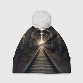 Шапка 3D c помпоном с принтом Бескрайний тоннель в Петрозаводске, 100% полиэстер | универсальный размер, печать по всей поверхности изделия | железная дорога | иллюзия | коридор | свет в конце тоннеля | тоннель