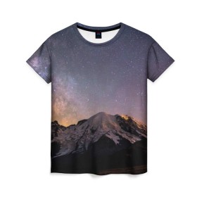 Женская футболка 3D с принтом Звездное небо в Петрозаводске, 100% полиэфир ( синтетическое хлопкоподобное полотно) | прямой крой, круглый вырез горловины, длина до линии бедер | горы | звезды | космос | небо | ночь