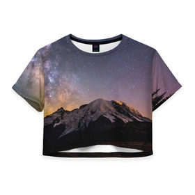 Женская футболка 3D укороченная с принтом Звездное небо в Петрозаводске, 100% полиэстер | круглая горловина, длина футболки до линии талии, рукава с отворотами | горы | звезды | космос | небо | ночь