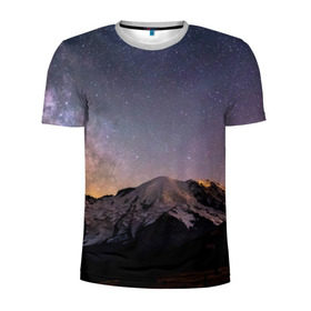 Мужская футболка 3D спортивная с принтом Звездное небо в Петрозаводске, 100% полиэстер с улучшенными характеристиками | приталенный силуэт, круглая горловина, широкие плечи, сужается к линии бедра | Тематика изображения на принте: горы | звезды | космос | небо | ночь