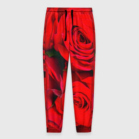 Мужские брюки 3D с принтом Розы в Петрозаводске, 100% полиэстер | манжеты по низу, эластичный пояс регулируется шнурком, по бокам два кармана без застежек, внутренняя часть кармана из мелкой сетки | Тематика изображения на принте: букет | красная | лепестки | роза | цветы