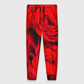 Женские брюки 3D с принтом Розы в Петрозаводске, полиэстер 100% | прямой крой, два кармана без застежек по бокам, с мягкой трикотажной резинкой на поясе и по низу штанин. В поясе для дополнительного комфорта — широкие завязки | букет | красная | лепестки | роза | цветы