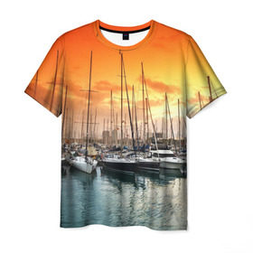 Мужская футболка 3D с принтом Barcelona в Петрозаводске, 100% полиэфир | прямой крой, круглый вырез горловины, длина до линии бедер | barcelona | spain | барселона | европа | закат | испания | каталония | море | парусник | фрегат | яхта
