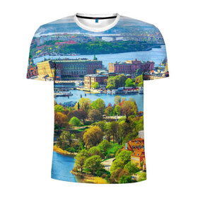 Мужская футболка 3D спортивная с принтом Швеция в Петрозаводске, 100% полиэстер с улучшенными характеристиками | приталенный силуэт, круглая горловина, широкие плечи, сужается к линии бедра | europe | stockholm | sweden | европа | ес | каникулы | отпуск | стокгольм | туризм | швеция