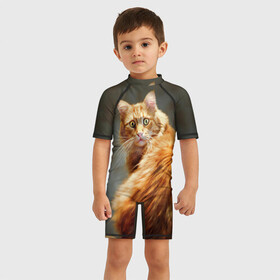 Детский купальный костюм 3D с принтом Рыжий в Петрозаводске, Полиэстер 85%, Спандекс 15% | застежка на молнии на спине | cat | кот | кошка | рыжий