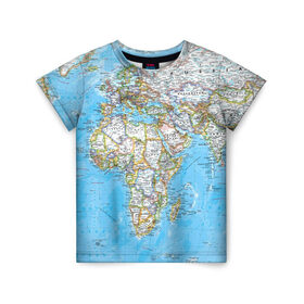 Детская футболка 3D с принтом Карта 2 в Петрозаводске, 100% гипоаллергенный полиэфир | прямой крой, круглый вырез горловины, длина до линии бедер, чуть спущенное плечо, ткань немного тянется | map | world | карта | мир