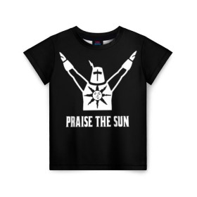 Детская футболка 3D с принтом Dark Souls в Петрозаводске, 100% гипоаллергенный полиэфир | прямой крой, круглый вырез горловины, длина до линии бедер, чуть спущенное плечо, ткань немного тянется | dark souls | praise the sun | you died | дарк соулс