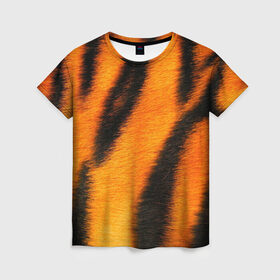 Женская футболка 3D с принтом Шкура тигра в Петрозаводске, 100% полиэфир ( синтетическое хлопкоподобное полотно) | прямой крой, круглый вырез горловины, длина до линии бедер | кошка | полосатая | текстуры | тигр