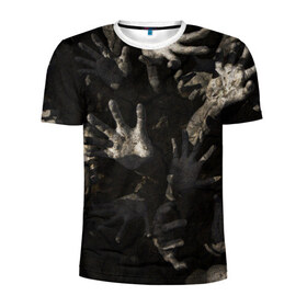 Мужская футболка 3D спортивная с принтом Руки в Петрозаводске, 100% полиэстер с улучшенными характеристиками | приталенный силуэт, круглая горловина, широкие плечи, сужается к линии бедра | зомби | руки | тьма