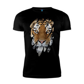 Мужская футболка премиум с принтом Ярость тигра в Петрозаводске, 92% хлопок, 8% лайкра | приталенный силуэт, круглый вырез ворота, длина до линии бедра, короткий рукав | tiger | дикая кошка | тигр | хищник