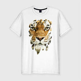Мужская футболка премиум с принтом Лик тигра в Петрозаводске, 92% хлопок, 8% лайкра | приталенный силуэт, круглый вырез ворота, длина до линии бедра, короткий рукав | tiger | дикая кошка | тигр | хищник