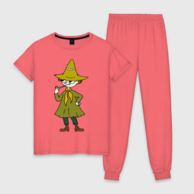 Женская пижама хлопок с принтом Снусмумрик в Петрозаводске, 100% хлопок | брюки и футболка прямого кроя, без карманов, на брюках мягкая резинка на поясе и по низу штанин | муми тролль