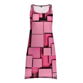Платье-майка 3D с принтом Кубики в Петрозаводске, 100% полиэстер | полуприлегающий силуэт, широкие бретели, круглый вырез горловины, удлиненный подол сзади. | квадраты | объем | плитка | розовый
