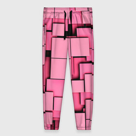 Женские брюки 3D с принтом Кубики в Петрозаводске, полиэстер 100% | прямой крой, два кармана без застежек по бокам, с мягкой трикотажной резинкой на поясе и по низу штанин. В поясе для дополнительного комфорта — широкие завязки | квадраты | объем | плитка | розовый