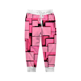 Детские брюки 3D с принтом Кубики в Петрозаводске, 100% полиэстер | манжеты по низу, эластичный пояс регулируется шнурком, по бокам два кармана без застежек, внутренняя часть кармана из мелкой сетки | квадраты | объем | плитка | розовый