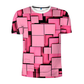 Мужская футболка 3D спортивная с принтом Кубики в Петрозаводске, 100% полиэстер с улучшенными характеристиками | приталенный силуэт, круглая горловина, широкие плечи, сужается к линии бедра | квадраты | объем | плитка | розовый