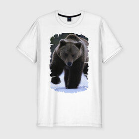 Мужская футболка премиум с принтом Русский медведь в Петрозаводске, 92% хлопок, 8% лайкра | приталенный силуэт, круглый вырез ворота, длина до линии бедра, короткий рукав | Тематика изображения на принте: берлога | животное | зверь | косолапый | медведь | мишка | потапыч | хищник | хозяин тайги