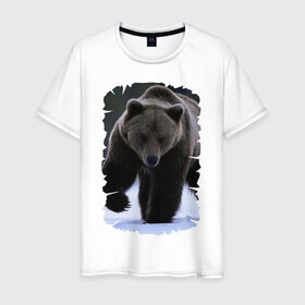 Мужская футболка хлопок с принтом Русский медведь в Петрозаводске, 100% хлопок | прямой крой, круглый вырез горловины, длина до линии бедер, слегка спущенное плечо. | Тематика изображения на принте: берлога | животное | зверь | косолапый | медведь | мишка | потапыч | хищник | хозяин тайги