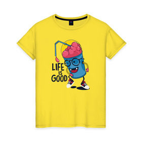 Женская футболка хлопок с принтом Life is good в Петрозаводске, 100% хлопок | прямой крой, круглый вырез горловины, длина до линии бедер, слегка спущенное плечо | good | happy | life