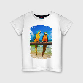 Детская футболка хлопок с принтом Попугаи в Петрозаводске, 100% хлопок | круглый вырез горловины, полуприлегающий силуэт, длина до линии бедер | Тематика изображения на принте: джунгли | клюв | острова | перья | попугай | птица | тропики | экзотика