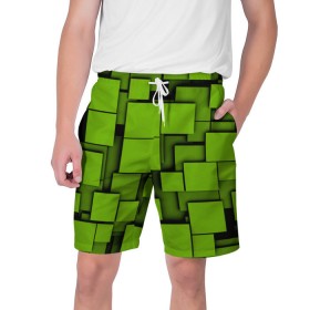 Мужские шорты 3D с принтом Зеленые кубики в Петрозаводске,  полиэстер 100% | прямой крой, два кармана без застежек по бокам. Мягкая трикотажная резинка на поясе, внутри которой широкие завязки. Длина чуть выше колен | кубы | текстура