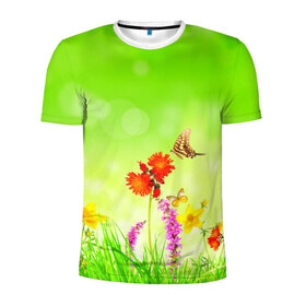 Мужская футболка 3D спортивная с принтом Цветы в Петрозаводске, 100% полиэстер с улучшенными характеристиками | приталенный силуэт, круглая горловина, широкие плечи, сужается к линии бедра | бабочка | красивая | насекомые | природа | цветок