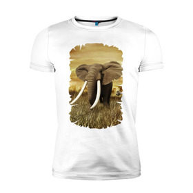 Мужская футболка премиум с принтом Могучий слон в Петрозаводске, 92% хлопок, 8% лайкра | приталенный силуэт, круглый вырез ворота, длина до линии бедра, короткий рукав | elephant | африка | бивни | джунгли | мамонт | савана | сафари | слон | хобот