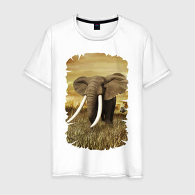 Мужская футболка хлопок с принтом Могучий слон в Петрозаводске, 100% хлопок | прямой крой, круглый вырез горловины, длина до линии бедер, слегка спущенное плечо. | elephant | африка | бивни | джунгли | мамонт | савана | сафари | слон | хобот