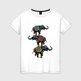 Женская футболка хлопок с принтом 3 слона в Петрозаводске, 100% хлопок | прямой крой, круглый вырез горловины, длина до линии бедер, слегка спущенное плечо | 